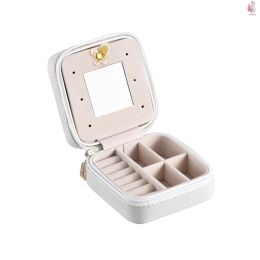 [TG STOCK]Small Portable Travel Jewelry Box with Mirror Storage Case Organizer for Rings Earrings Necklaces