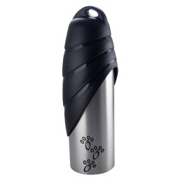 Plastic Fin Cap Pet Travel Water Bottle in Stainless Steel; Large; Silver and Black