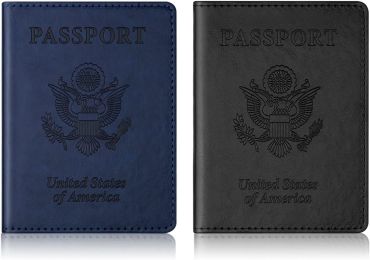 Passport Holder with Vaccine Card Slot Holder for Men & Women, Waterproof PU Leather, (Dark Blue & Black) 2 Pack