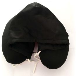 Hooded Neck Pillows for Travel - U Shaped Travel Pillow Sleeping Support polystyrene Foam microbeads Stress Pillow (Color: Black)