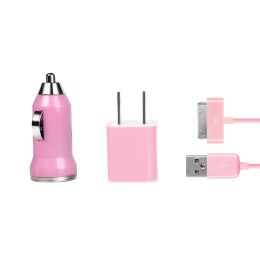32pin USB Car Charger USB Wall Charger USB Cable Compatible with iPhone4/4S (Color: Pink)