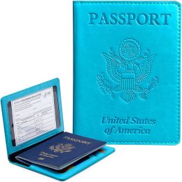 Passport Holder with Vaccine Card Slot Holder for Men & Women, Waterproof PU Leather, Sky Blue (Pack: Pack 4)